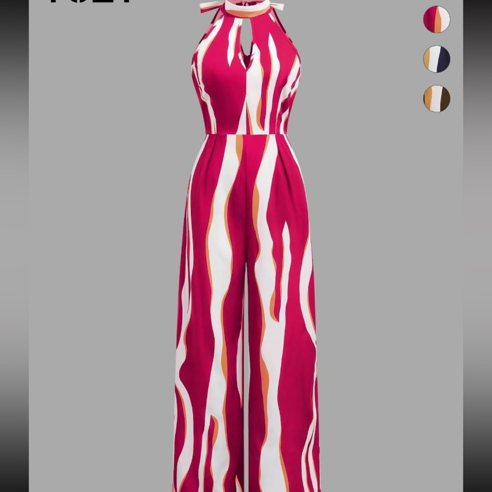 Tie Back Zipper Flattering Tummy Jumpsuit,Keyhole Neckline Straight Leg Jumpsuit
